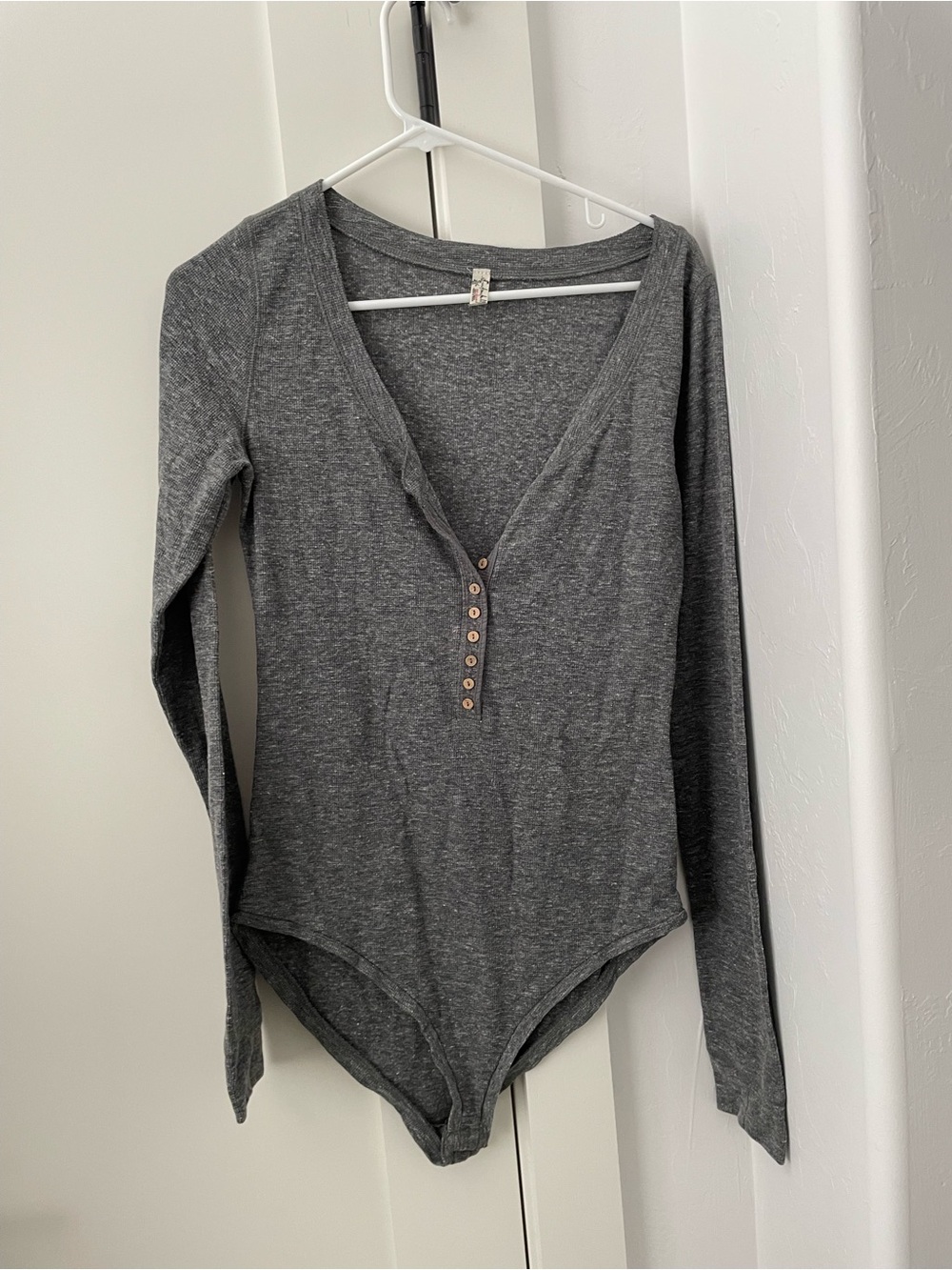 Free People Charcoal Gray Long-Sleeve V-Neck Henley Bodysuit